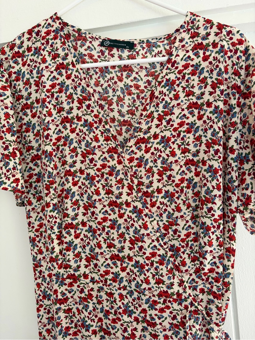 Floral Wrap Maxi Dress Slit - Cream/Red/Blue/ touch of light pink and green - Picture 4 of 9